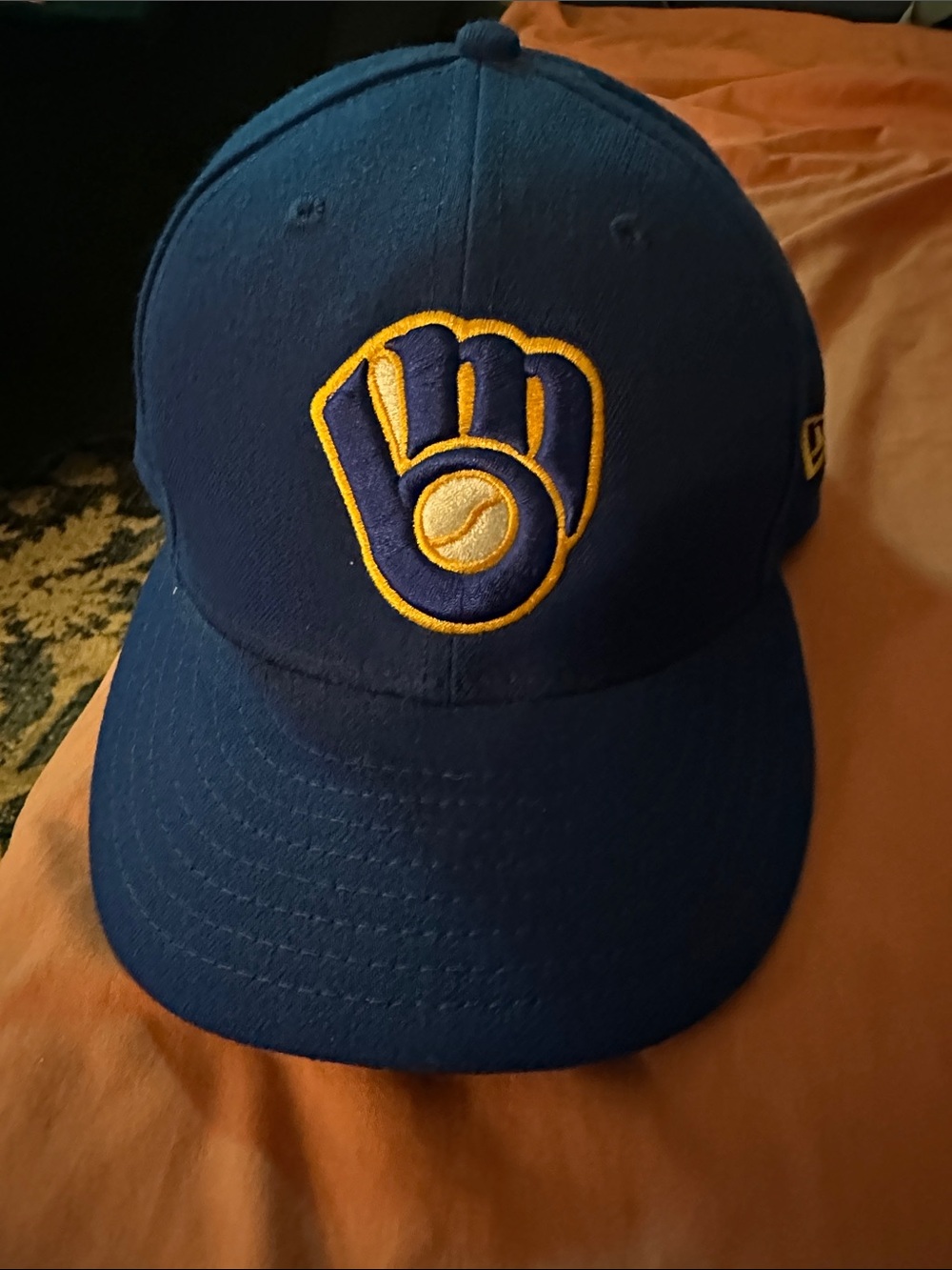 New Era Blue Milwaukee Brewers Retro Glove Logo Hat with Yellow Accents
